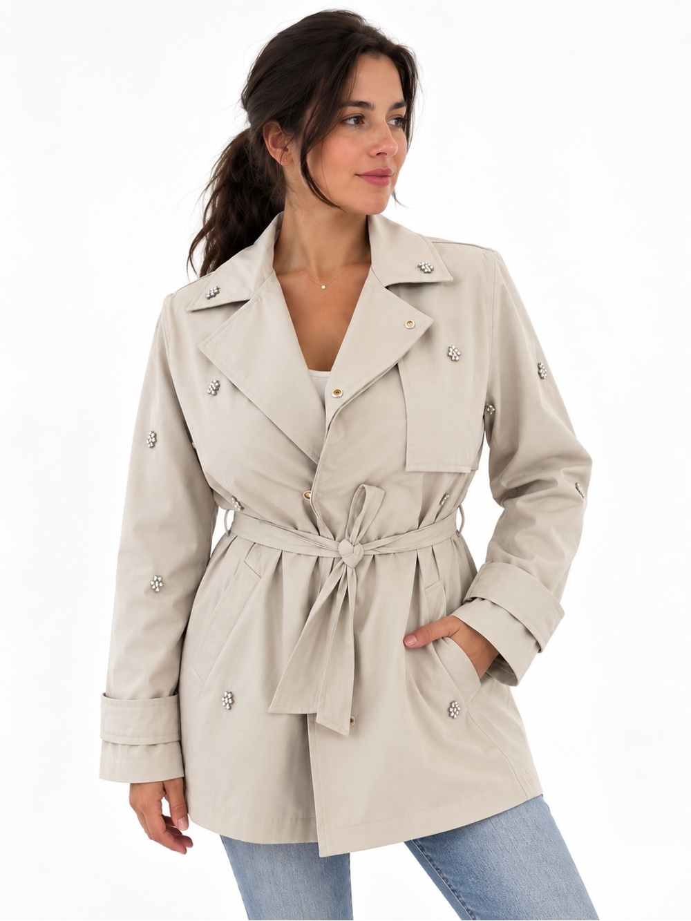 Belted Rhinestones Trench Coat, Bone, size S/M
